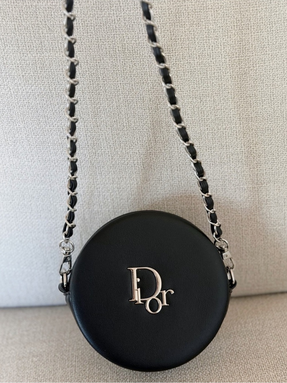 Authentic Dior Black Round Cosmetic Bag with Silver-Tone Chain